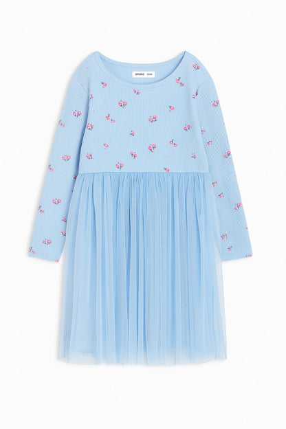 Sky Blue Cherry Print Tulle Dress