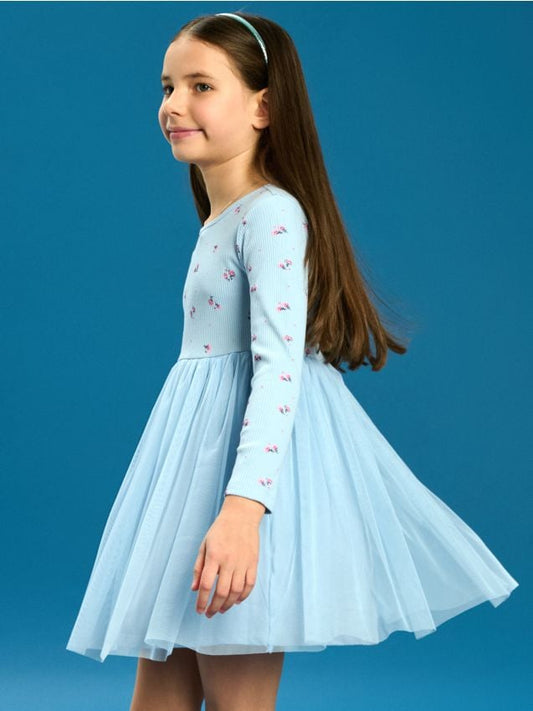 Sky Blue Cherry Print Tulle Dress