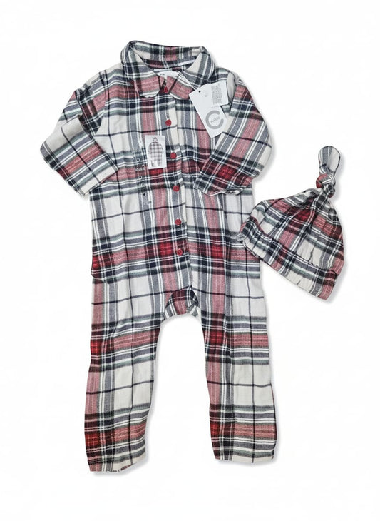 Red & Grey Checkered Flannel Sleepsuit with Cap