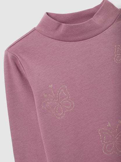 Butterfly Embroidered Mock Neck Top – Mauve