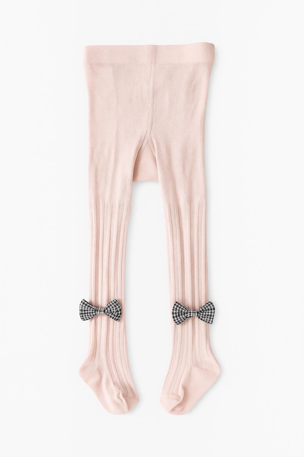 Baby Pink Ribbed stockings with Check Bow