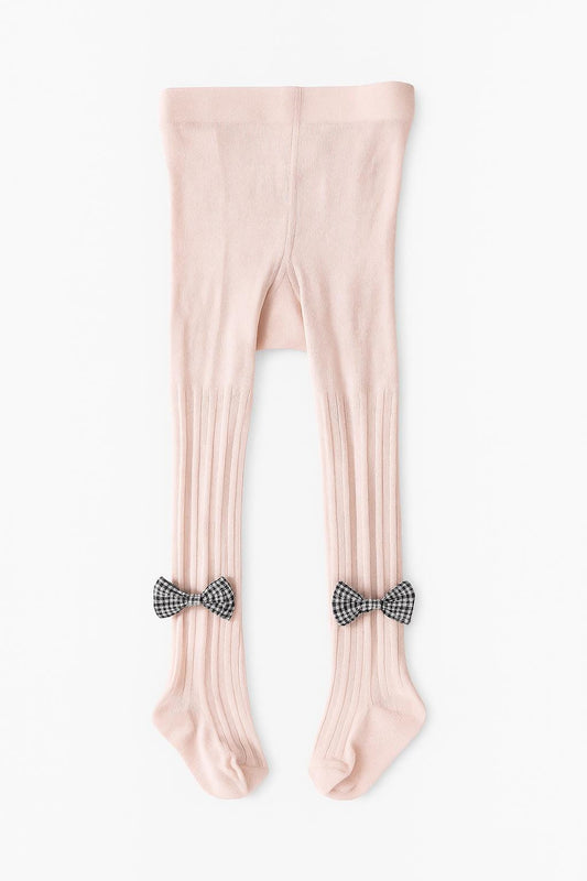 Baby Pink Ribbed stockings with Check Bow
