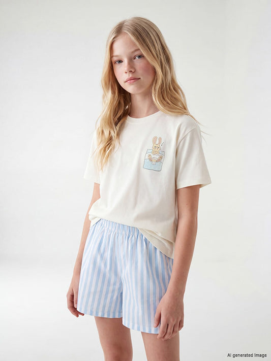 Girls Bunny Pocket T-Shirt & Blue Stripe Shorts Pajama Set