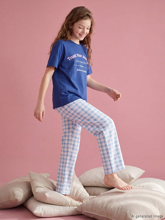 Girls Blue Graphic T-Shirt & Plaid Pajama Set