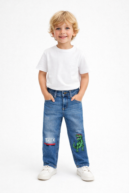 Kids T-Rex Denim Jeans – Blue Dinosaur Print Jeans