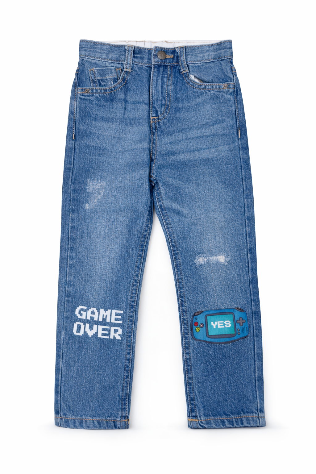 Kids Game Over Denim Jeans – Blue Gaming Patch Jeans