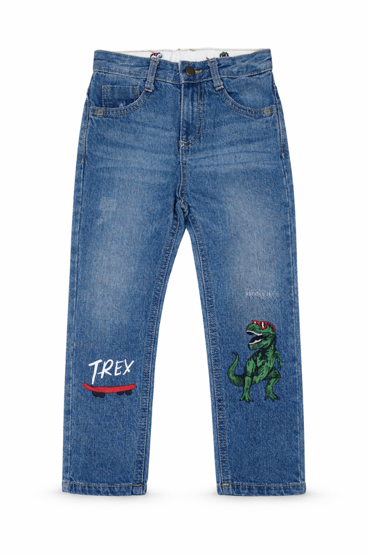 Kids T-Rex Denim Jeans – Blue Dinosaur Print Jeans