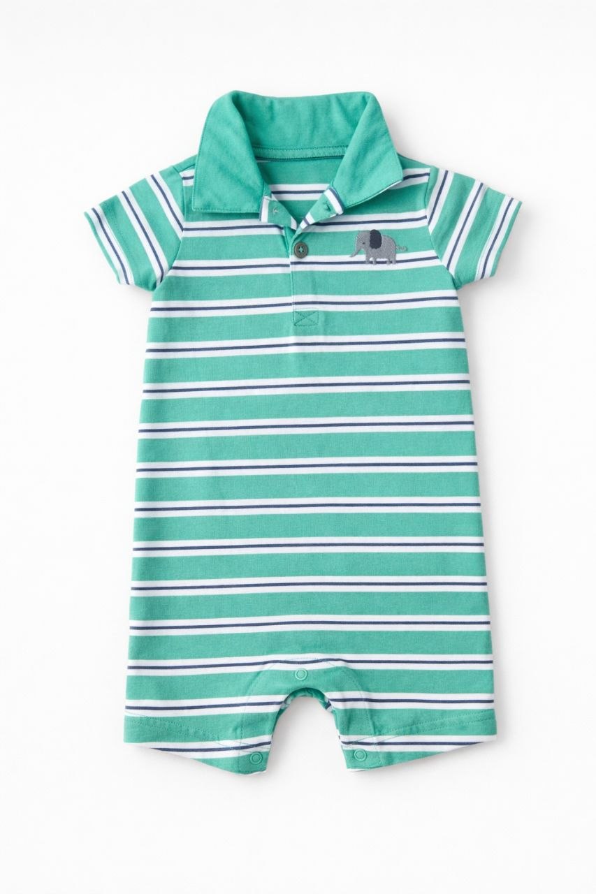 Mint Stripe Polo Romper with Elephant Detail
