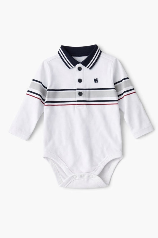 Striped Classic Polo Bodysuit – White & Navy