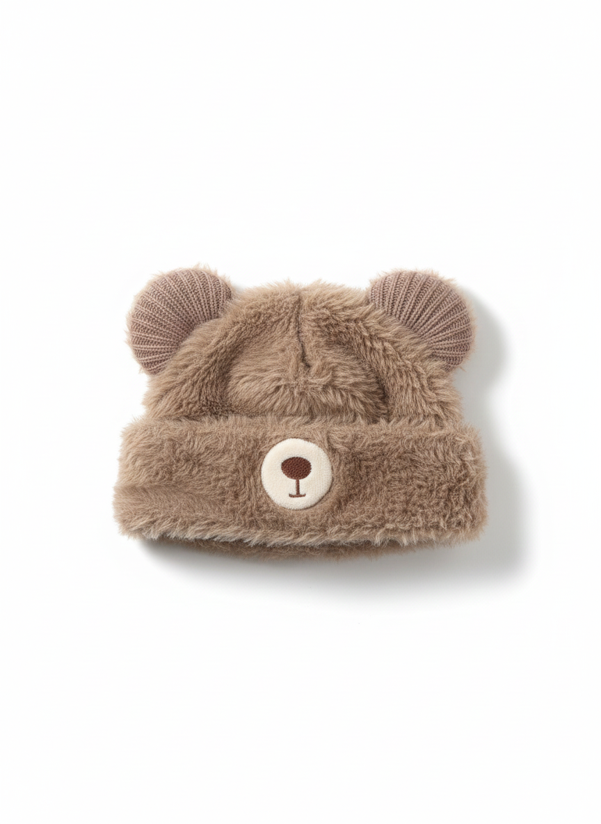 Brown & Cream Bear Ear Fleece Cap